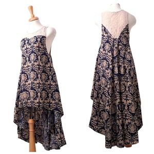 Umgee | Cream & navy blue patterned short front long back dress